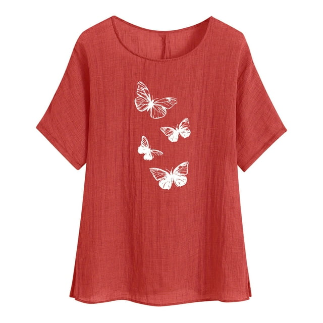 VSSSJ Chemise en Coton et Lin pour Femmes Coupe Ample Imprimé Papillon Col Rond Manches Raglan Blouse d'Été Confortable Rouge TG
