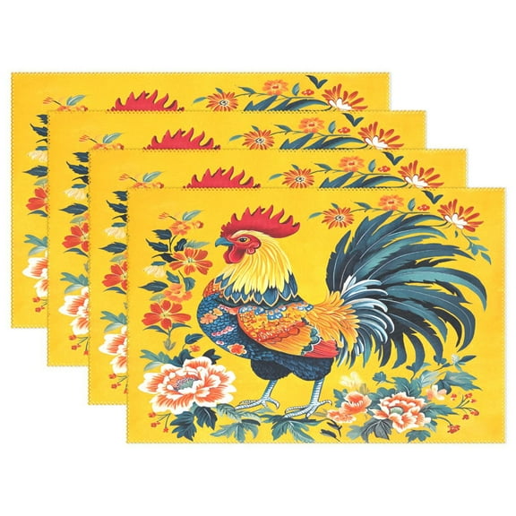 Ryvnso Placemats Set of 4 Rooster Flower Dining Mats Heat-Resistant Non-Slip Washable Table Mat