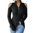 thumbnail image 3 of Women'S V-Neck Cold Shoulder Long Sleeve Blouse Shirt Slim Lace-Up Ribbed Stretchy T-Shirt Top Black XXL, 3 of 9