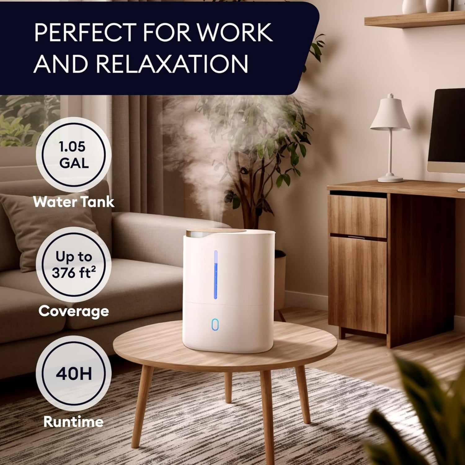 Ultrasonic Cool Mist Humidifier for Bedroom, Large Rooms, Home, 4L - Easy Fill & Clean Humidifier for Plants w/Auto Shut-off, 40H Runtime - Quiet, Top Fill Air Humidifier