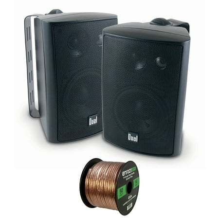 2x Dual Electronics LU47PB 4 Inch 100-Watt 3-Way Indoor / Outdoor High Performance Bookshelf Studio Monitor Black Speakers w/ Swivel Brackets , Enrock 16-G 50 Ft Audio Speaker