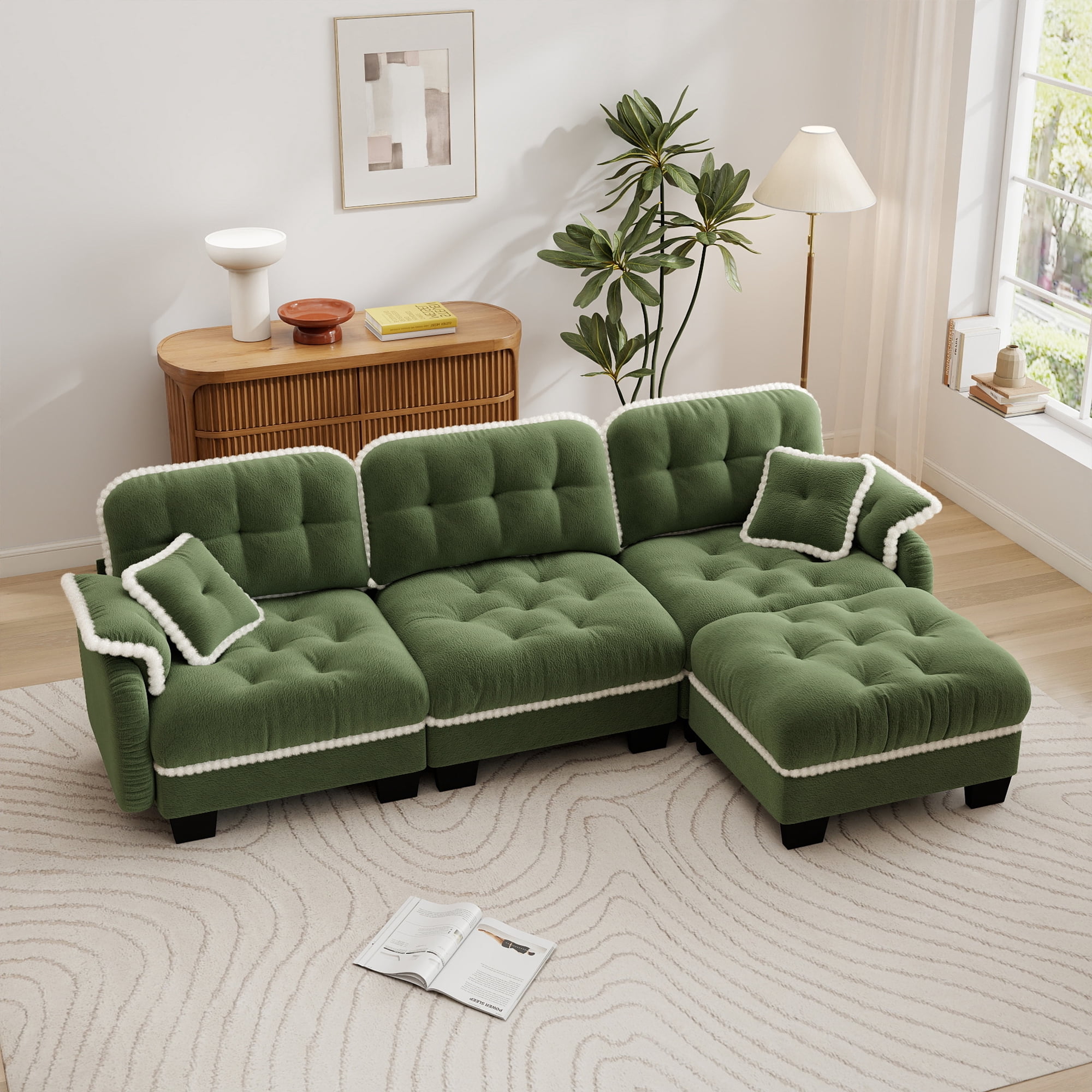 Aenkyo 100" Chenille Modular 3-Seater Sectional Sofa with Movable Ottoman, Green