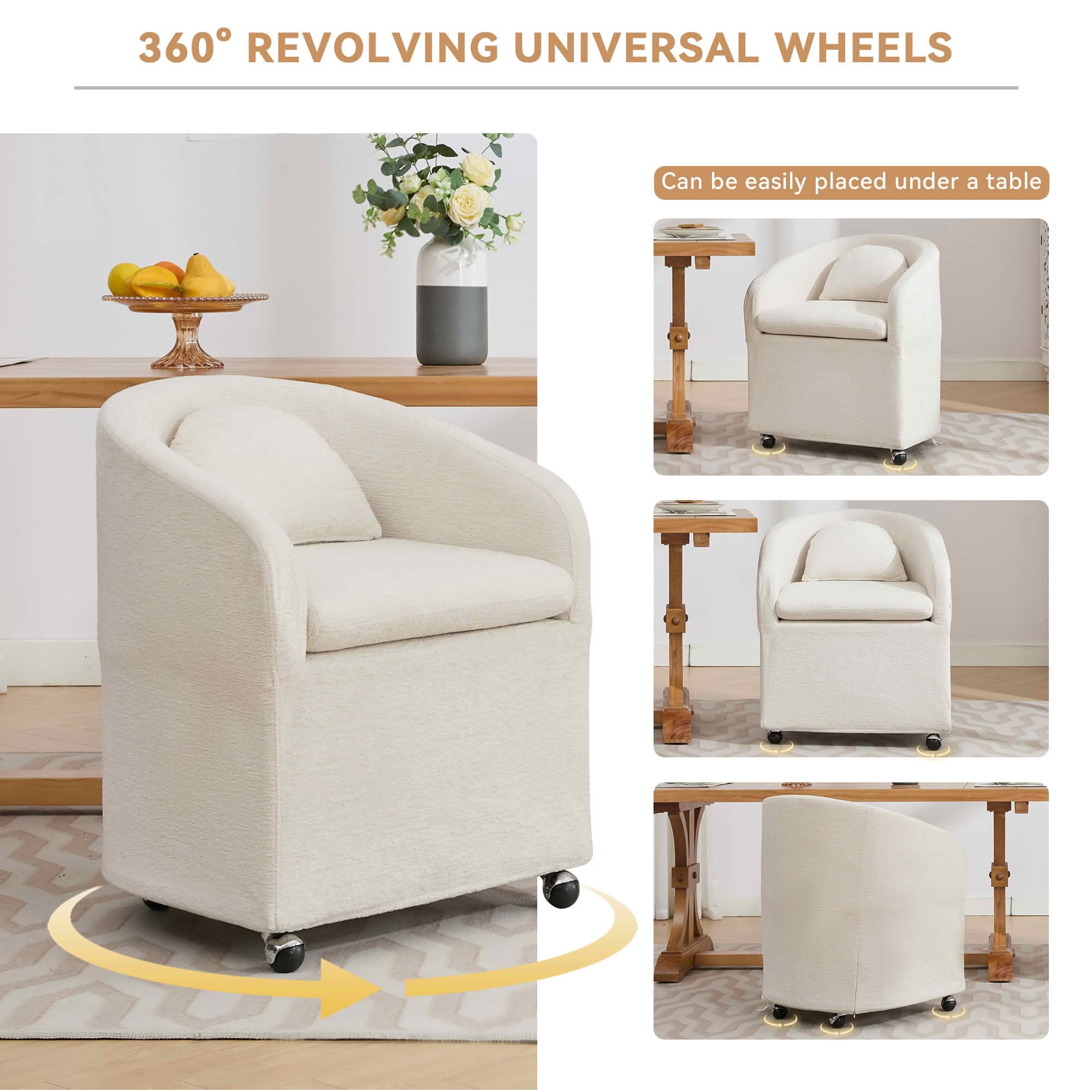 MAYEERTY Set of 1 Chenille Fabric Dining Armchair, with Back Cushion & Universal Wheels, Beige