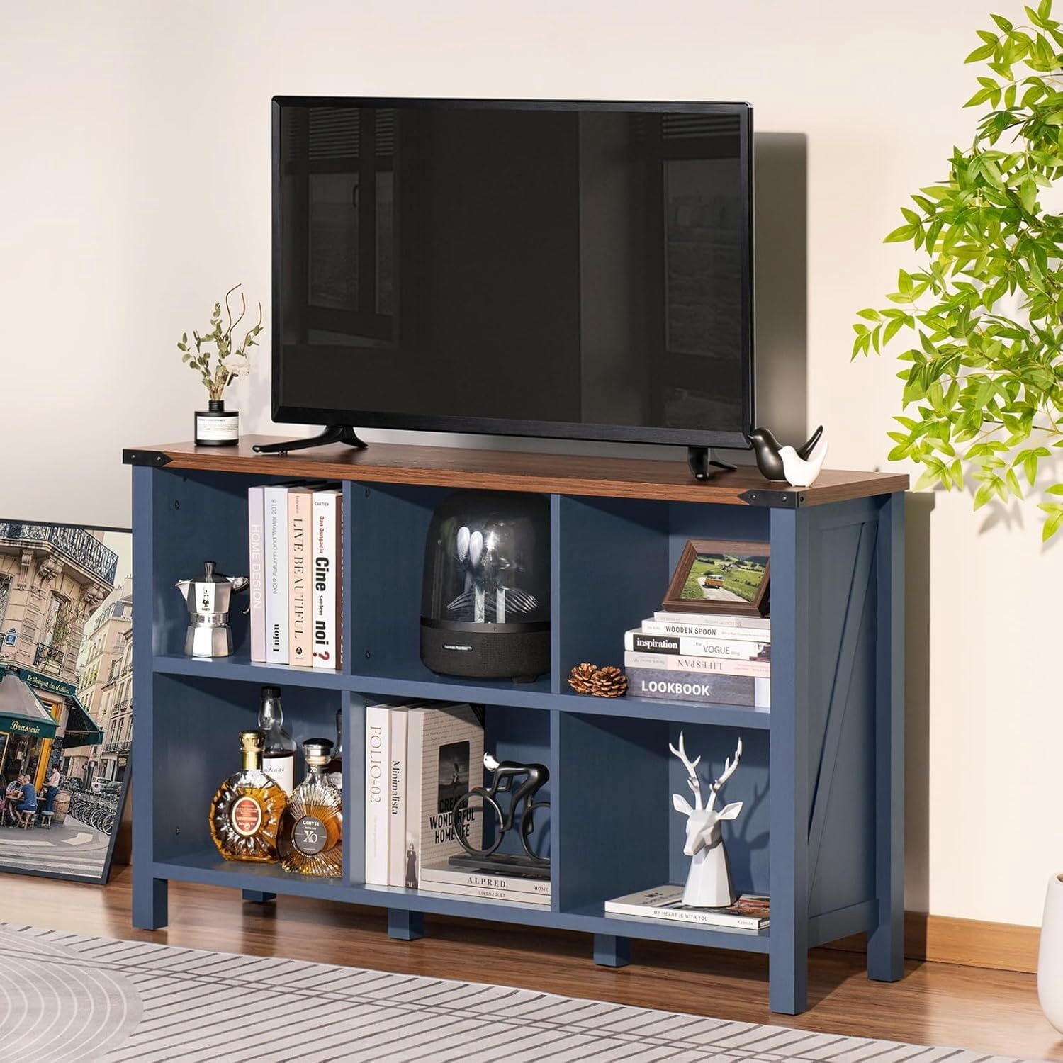 Joaxswe 6-Cube Storage Organizer, 3-Tier Farmhouse Bookshelf, Wood Display Bookcase for Living Room, Bedroom, Office, Navy Blue
