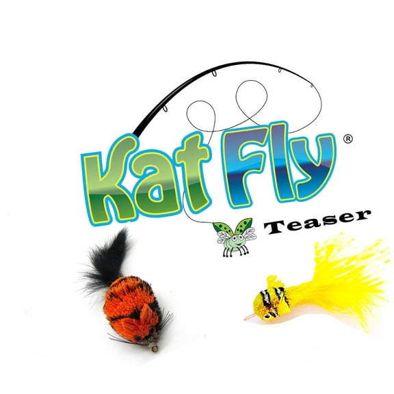 Kat Fly 2 Pack Handmade Cat Toy Teasers - Orange Mouse & Yellow Clownfish Natural Material Wand Refills
