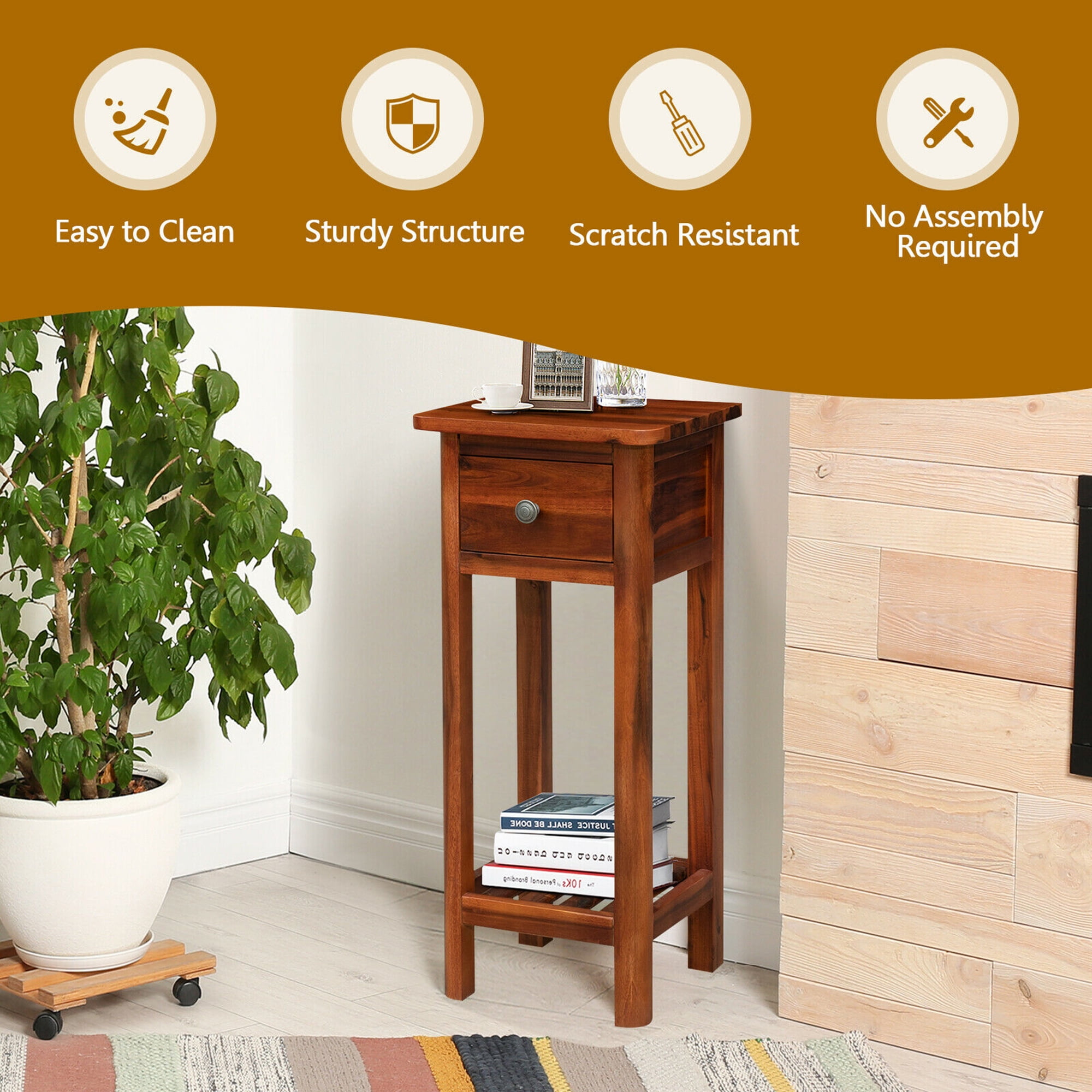 Gymax Acacia Wood Side Table with Drawer, Brown