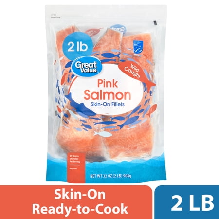 Great Value Wild Caught Pink Salmon Skin-on Fillets, 2 lb Bag (Frozen)