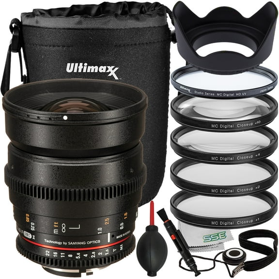 Ultimaxx Essential Rokinon 24mm T1.5 Cine DS Lens Bundle (F-Mount) - Includes: Water-Resistant Lens Pouch, 4PC Macro Close-Up Filter Kit, Protective UV Filter & More (14pc Bundle)