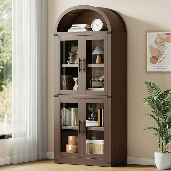 72" Tall Arched Bookcase with Glass Doors, 5 Tier Display Bookshelf Storage Cabinet, Modern Floor Standing Organizer for Home Office Living Room, Brown
