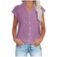 thumbnail image 2 of Eryao Saving Deals Womens Cap Sleeve V Neck T Shirts,Cotton Linen Button Down Shirts 2025 Casual Summer Cap Sleeve Collared Tunic Tops Loose Solid Blouses,Purple,XXL, 2 of 6