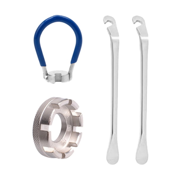Pack de 4 herramientas 6 en 1 para radios de bicicleta con desmontador de neumáticos, alineador de llantas y kit de reparación