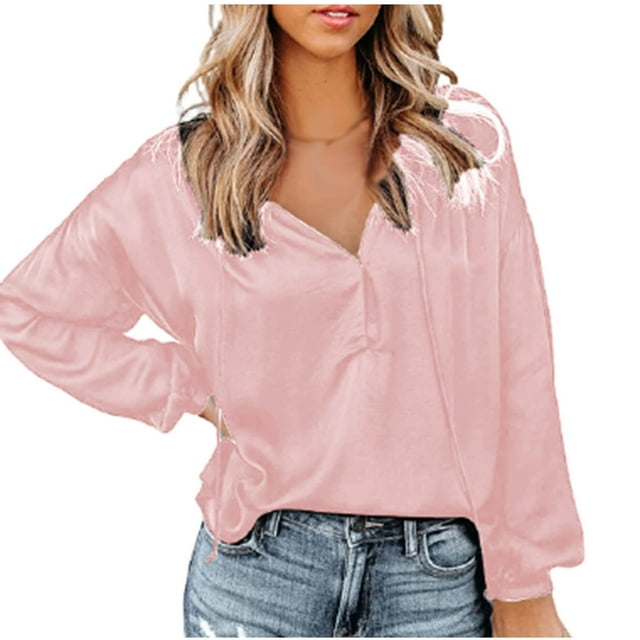 Pompotops Ladies Solid Color V-Neck Lantern Long-Sleeved Button Casual Shirt Top