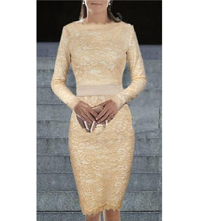 Long Sleeves Lace Dress With Belt Beige 