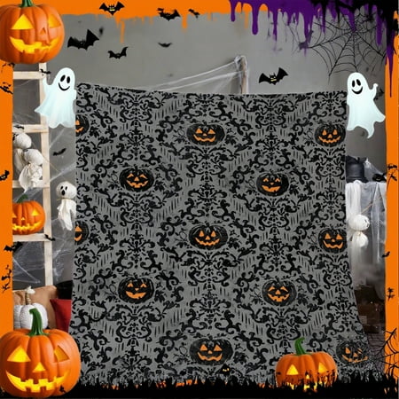 Spooky Halloween Blanket - Dark Gothic Throw with Glowing Pumpkin & Bat Silhouettes, High-Density Polyester All-Season Blanket for Home, Camping, Parties - Machine Washable Indoor/Outdoor Decor in Gr