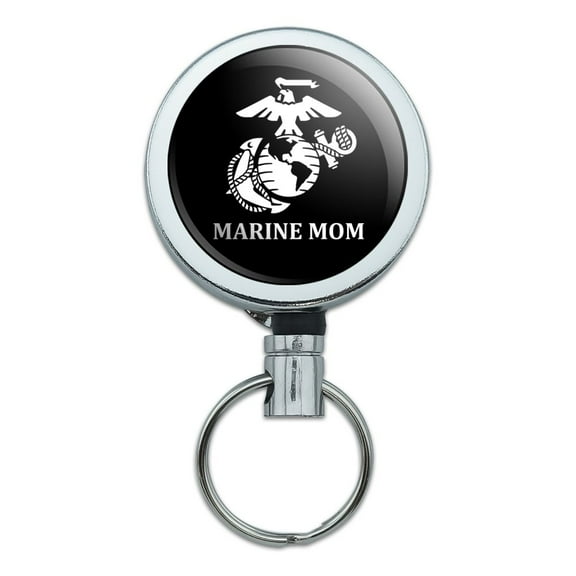Marine Mom USMC White Logo on Black Officially Licensed Heavy Duty Metal Retractable Reel ID Badge Key Card Tag Holder with Belt Clip