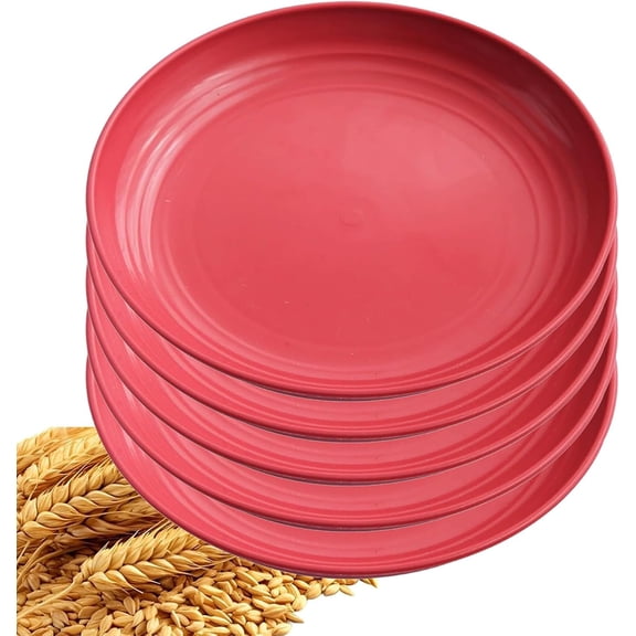 5Pcs Dinner Plates Wheats Straw Plates Set Unbreakable Reusable,Lightweight,Smooth Edge Plate Dishwasher & Microwave Safe (Red,10 inch)
