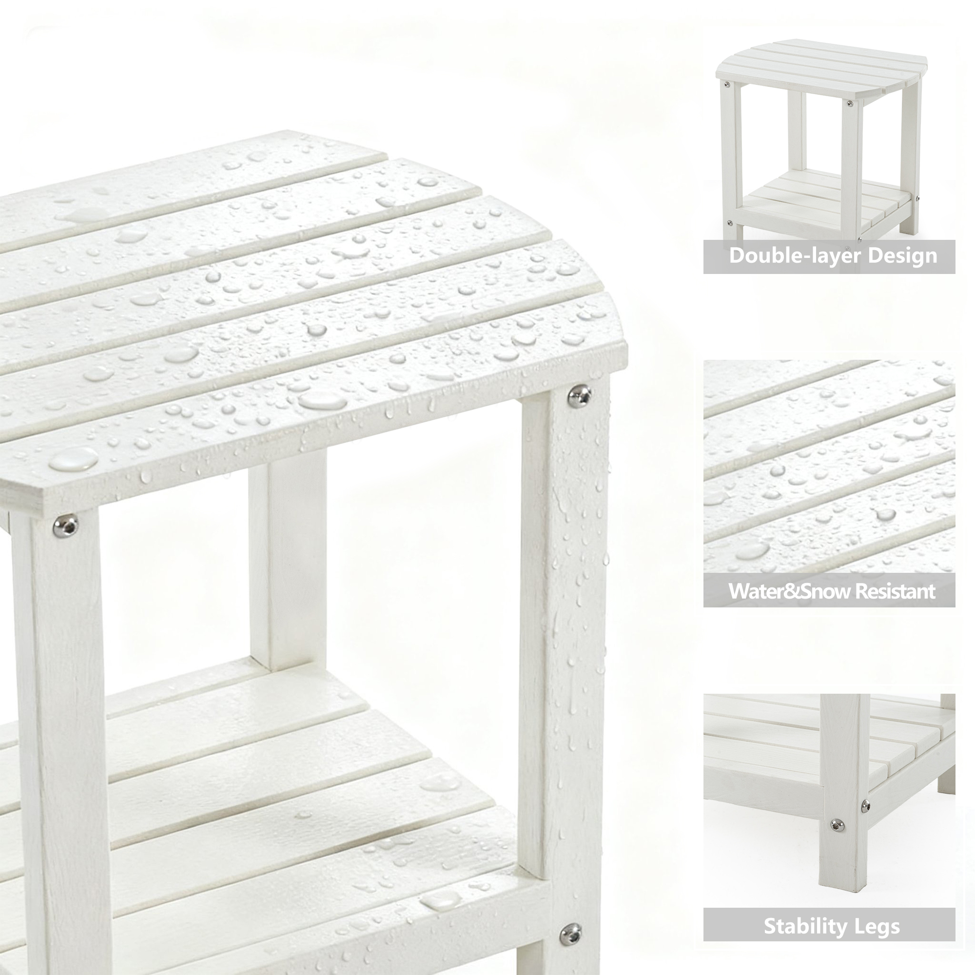 ENYLAY Adirondack Small Outdoor Side Table , Weatherproof HDPE Patio End Table with 2-Tier Storage for Firepit, Balcony, Garden, Poolside or Bathroom (White, Set of 2)