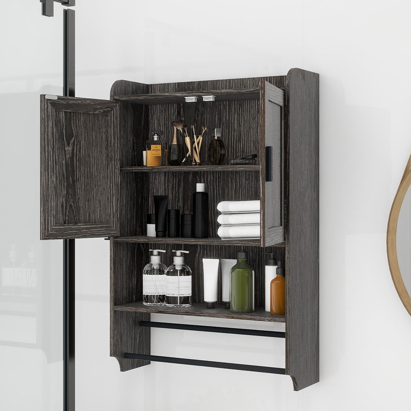 Bathroom Wall Storage Cabinets with Door and Open Shelves,Medicine Cabinet,Steel Pipe Rack for Hanging Towels and Kitchen Utensils for Bathroom,Grey