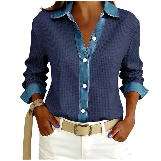 TaTaai Women's Loose Fit Blouse Long Sleeve Lapel Collar Waffle Knit Design Button Front Denim Style Casual Top Gift