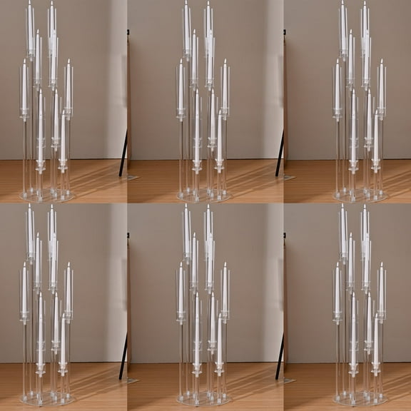 6Pcs 10-Arm Acrylic Candelabra Centerpiece, 37.7 Inch Tall, Clear Candlestick Holder with Removable Lampshade, Fits 0.8" LED Candles