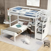 Euroco Wood Twin Bunk Loft Bed with Desk, Drawers and Shelf for Kids Teens, White