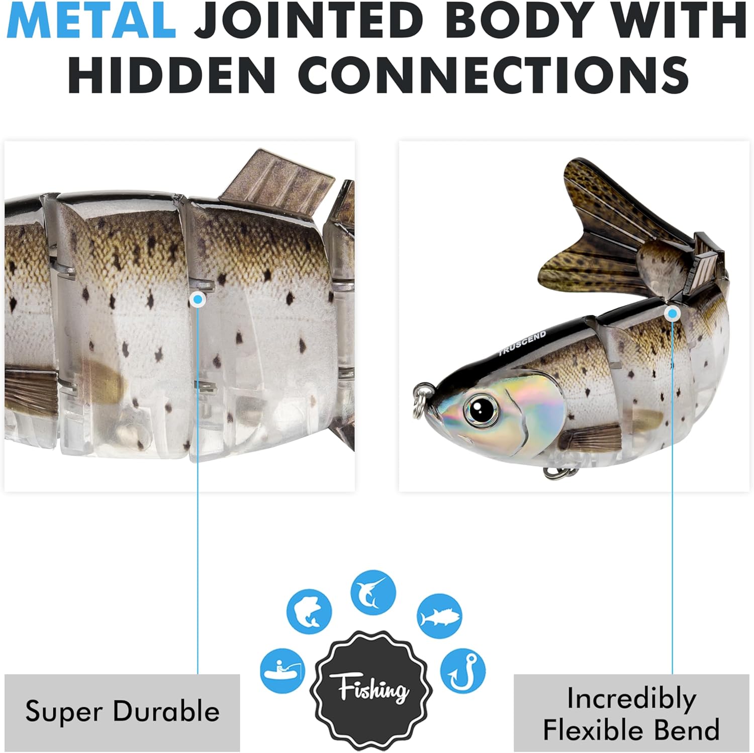 TRUSCEND Easy Catch SwimMax with BKK Hooks, Magic Noisy Wiggling and Vibrating Actions for More Bites, Lifelike Fishing Lures for Bass Trout Walleye Crappie, Strongest Dyneema Fiber Jointed Swimbait