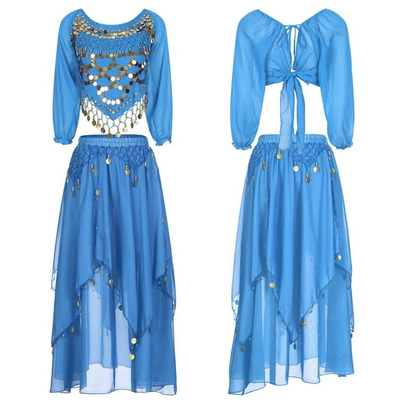 Women Belly Dance Outfits Long Sleeve Lace-up Chiffon Crop Skirt Princess Dress Up Costume