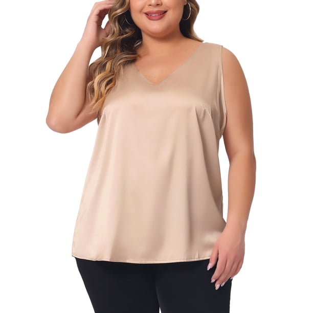 Camisetas sin mangas de satén de seda para mujer de tallas grandes Agnes Orinda, blusas casuales de cuello en V, camisetas básicas de verano 1X Champagne