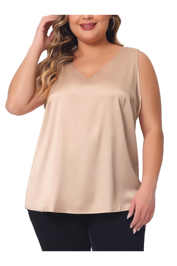 Women's Plus Size Silk Satin Tank Tops V Neck Casual Cami Sleeveless Blouses Summer Basic Camisole 3X Champagne