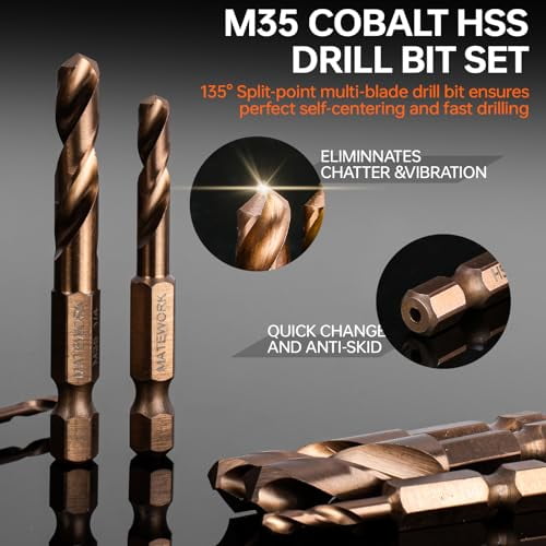 6-Piece Cobalt Stubby Drill Bit Set - Short 1/4" Hex Shank Bits for Metal, Hardened Steel, Wood & Plastic (3/32" to 3/8")