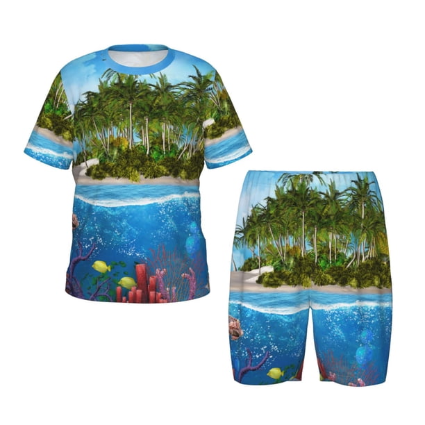 Balery Island And Coral Reef Conjunto de Pijama Infantil de Manga Corta con Estampado – Ropa de Dormir de Algodón Suave-4X-Large