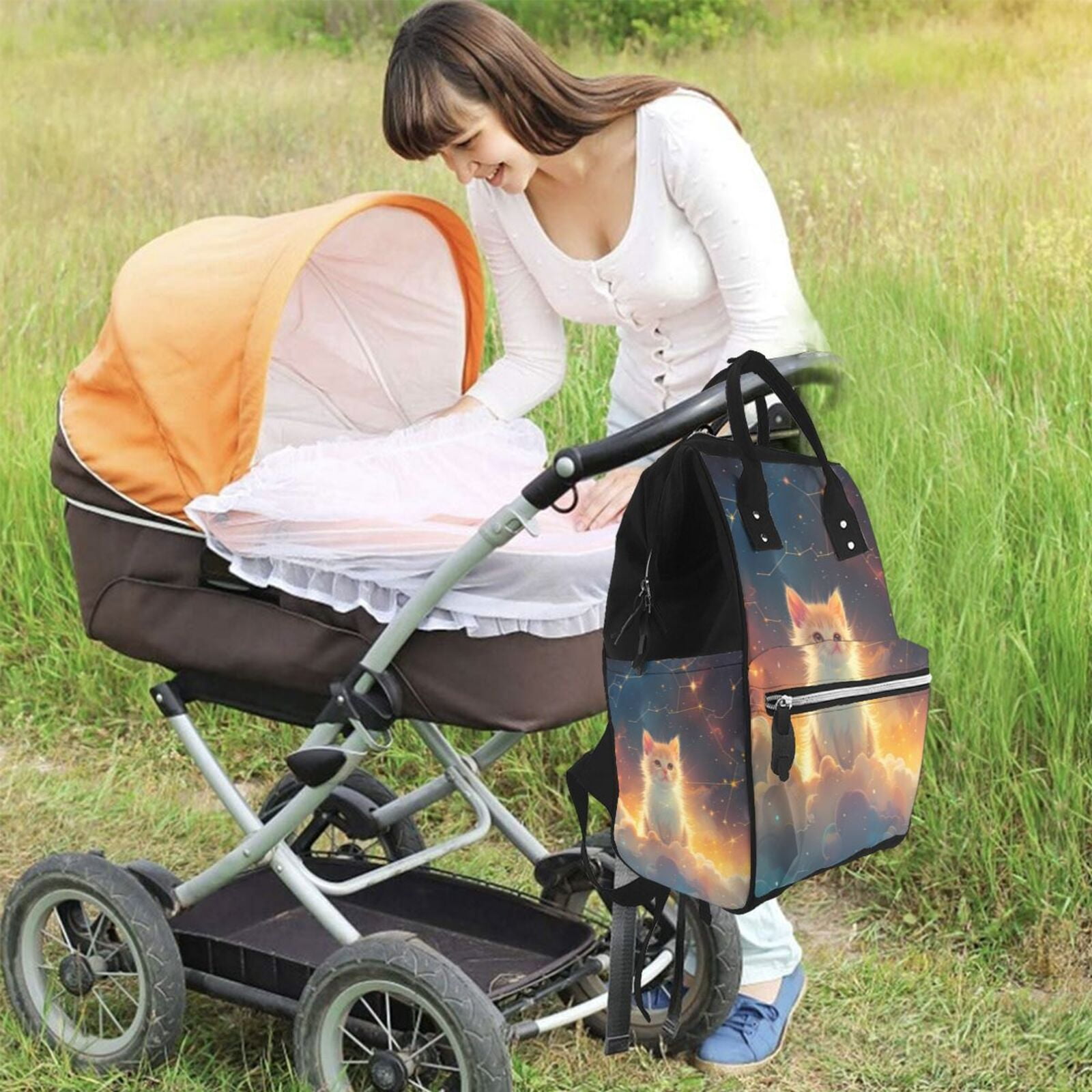 Ratiio Starry Sky Constellation Cat Mummy Backpack - Waterproof Twill Canvas, Large Capacity Diaper Bag with Multiple Pockets and Adjustable Straps