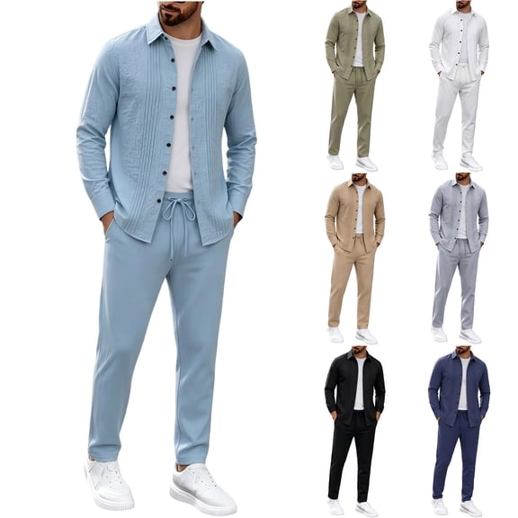 Zenithor Men's 2 Piece Linen Set Long Sleeve Button Down Shirts and Drawstring Straight Pants Casual Beach Vacation Outfits S-3XL