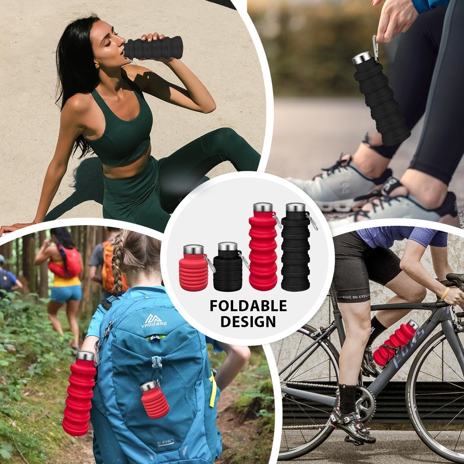 Collapsible Water Bottle,4 Pcs BPA Free Reuseable Silicone Foldable Leakproof 16oz Water Bottles,Portable Lightweight Water Bottles with Carabiner for Travel Gym Camping,Hiking Outdoor Indoor Sports