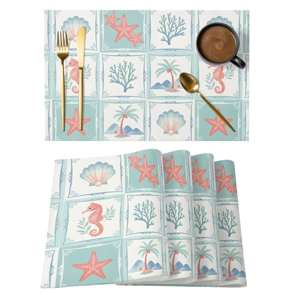 Coastal Seahorse Placemats Set of 2, Summer Coral Seashells Starfish Palms Green Plaid Non-Slip Place Mats Washable Table Mats for Kitchen Dining Table Decorations Indoor/Outdoor