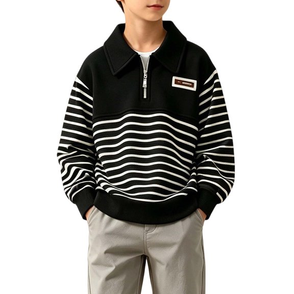 Iyufng Half Zip Striped Sweatshirts for Boys Ribbed Cuff Relaxed Fit Daily School Long Sleeve Kids Collared Pullover