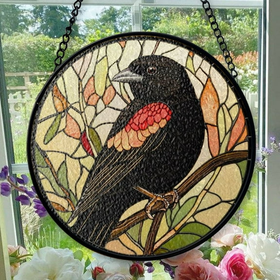 Stained Glass Window Hanging Winged Blackbird Bird - Stained Glass Window Hanging Winged Blackbird Bird, Christmas Ornament Gift, Elegant Art Glass Aesthetic