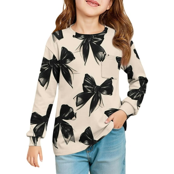 XADYUY Girls Long Sleeve Tops 10-12 Crewneck Winter Shirts for Girls Casual Basic Top for Girls Loose Bownot Graphic Girls Blouses with Pocket,11-12Years
