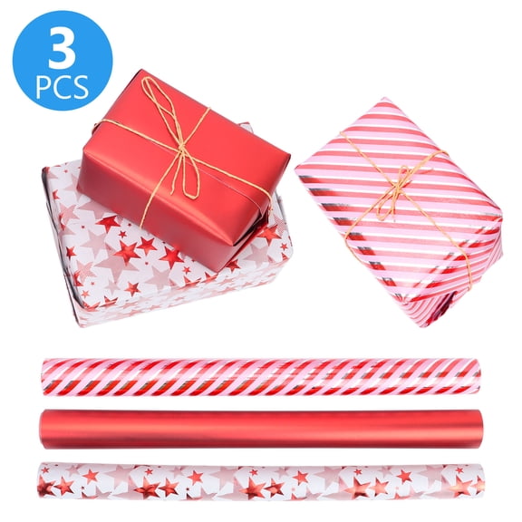 Tripumer 3 Pcs Red Star Stripe Foil Gift Wrapping Paper Roll 17 inch X 10 feet for Festive Gifting Holiday Wedding All Occasions