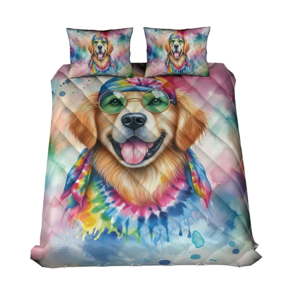 Hippie Golden Retriever Portrait Watercolor Tie-Dye Vintage Styles Quilt Bedding Set Goldens Dog Lover Gifts Idea 1 Blanket Bed Cover 2 Pillowcases - 00014