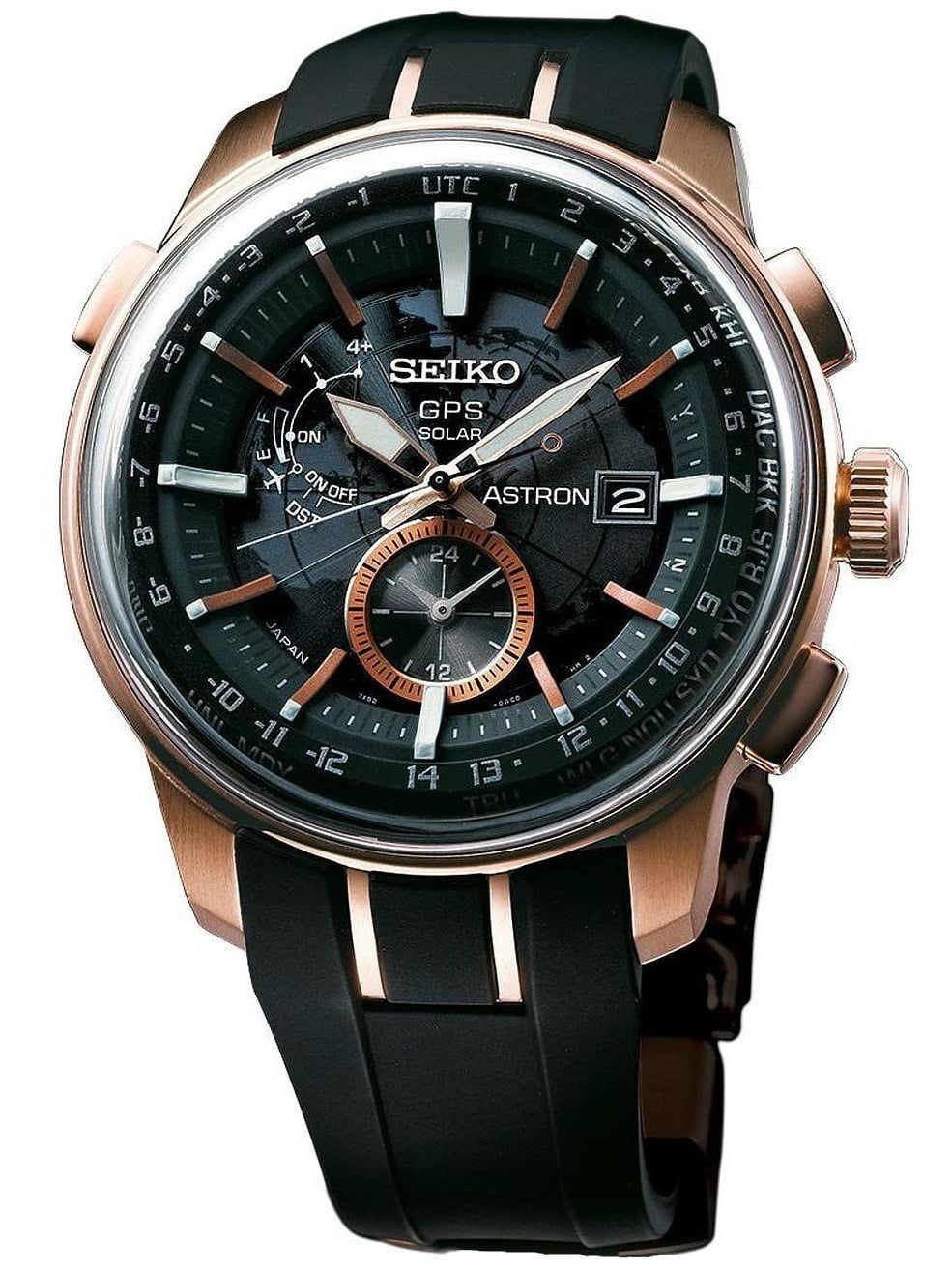 Seiko Men's Astron 48mm Black Silicone Band Rose Gold Plated Case Sapphire  Crystal Quartz Watch SAS032J1 