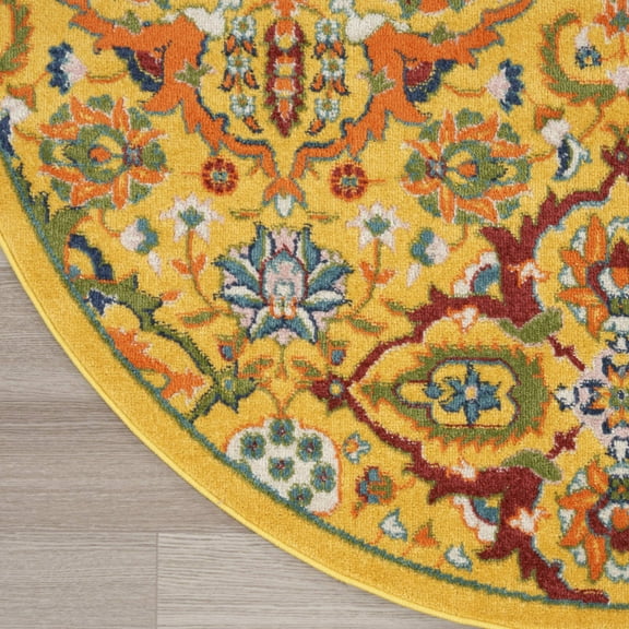 5' Yellow Round Floral Power Loom Area Rug