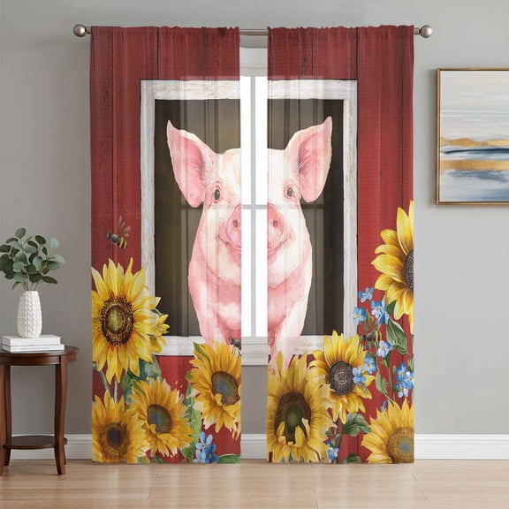Pigs Sunflowers Sheer Curtains 72 Inch Length 2 Panels Set Window Treatments, Farmhouse Red Barn Flowers Animals Rod Pocket Semi Curtains for Living Room/Bedroom/Kitchen Décor, 104"W x 72"L