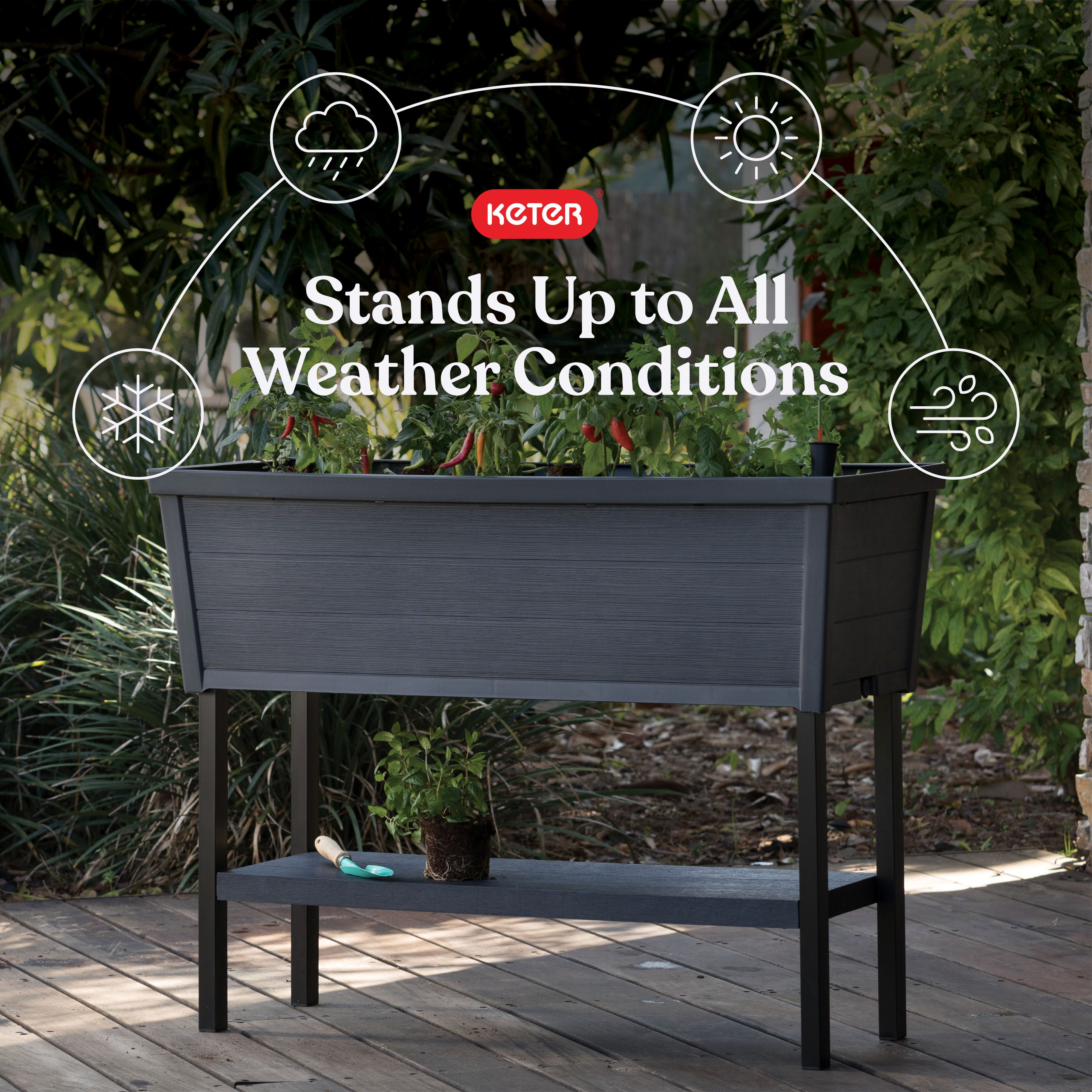 Keter Alfresco Garden Bed 44" x 18" x 33" Durable Wood-Look Raised Garden Bed with Self-Watering and Drainage System Kit, Gray