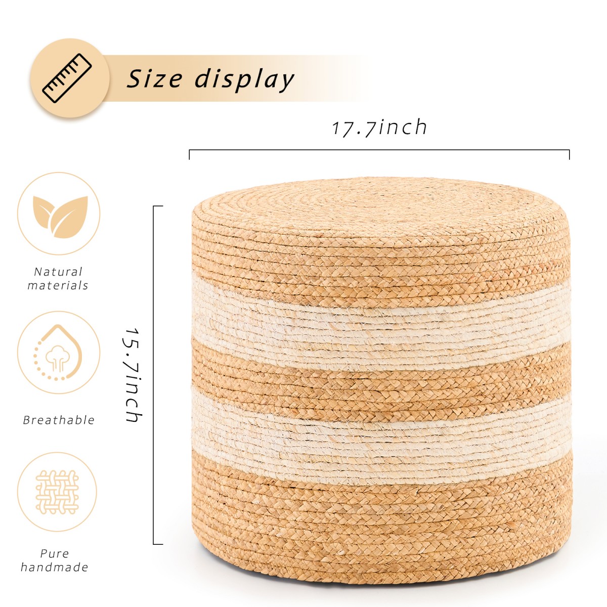 IVV 17.7" Round Ottoman, Handmade Woven Water Hyacinth Foot Stool, No Assembly, for Home Decor & Seating (Natural & Beige)