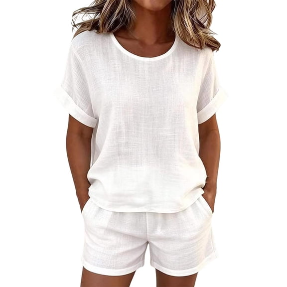 WAYUTE Womens Shorts Set Casual 2 Piece Outfit Short Sleeve Round Neck Top and Shorts Solid Color Breathable Soft Blend Summer Outfit Sets