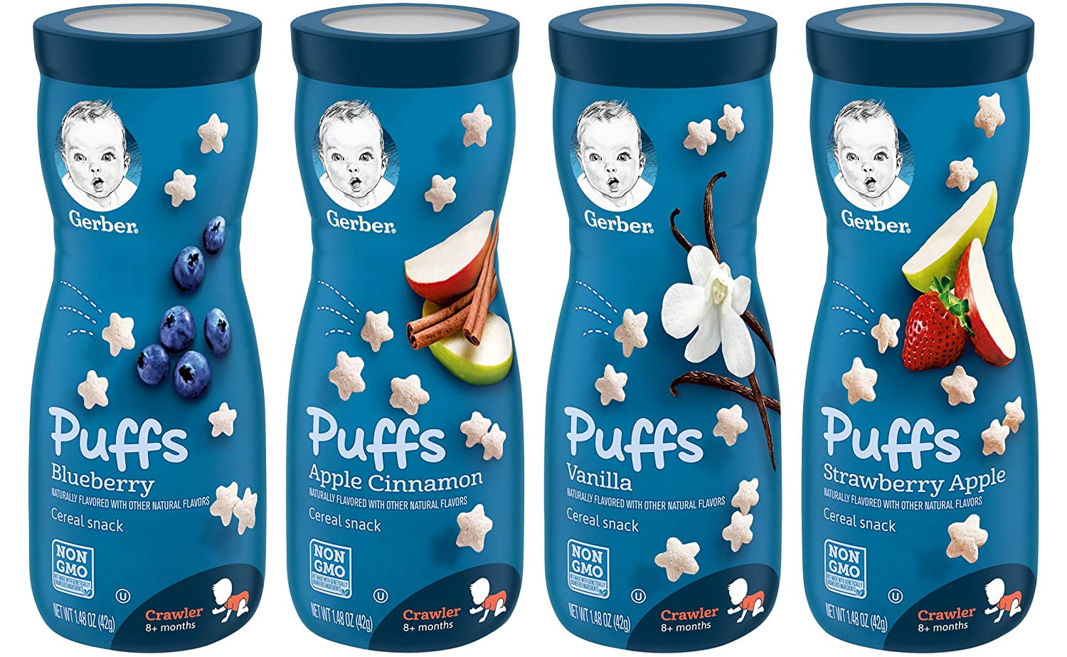 Gerber Puffs Variety Pack, 1 Strawberry Apple, 1 Blueberry, 1 Apple Cinnamon, 1 Vanilla, 4 CT
