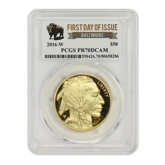 2016-W $50 Gold Buffalo PCGS PR70 Deep Cameo First Day of Issue Baltimore Banner Label with Original Government Packaging U.S. Mint Coin