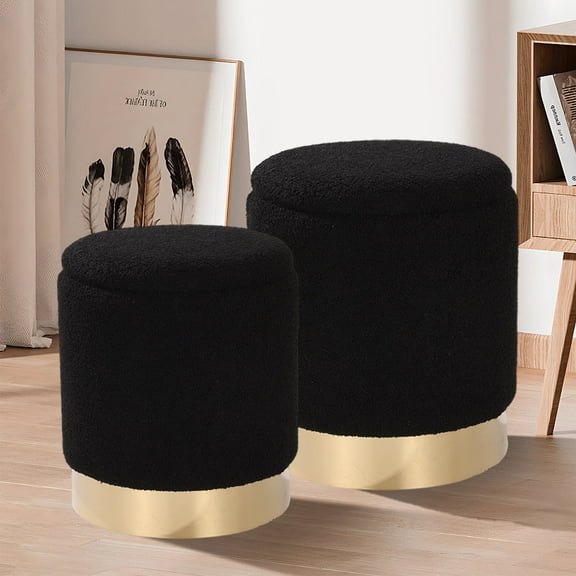 Round Ottoman with Storage Set of 2 Vanity Stool Foot Rest with Removable Lid for Bedroom Black Sherpa Storage Ottoman Stool for Living Room and Dorm(Sherpa Black)