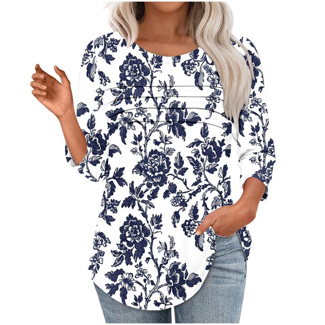 Heisall Women's T-Shirts Casual Abstract Striped Print Round Neck Three-Quarter Sleeve Loose Pullover 2025 New Arrival Fashionable Tops